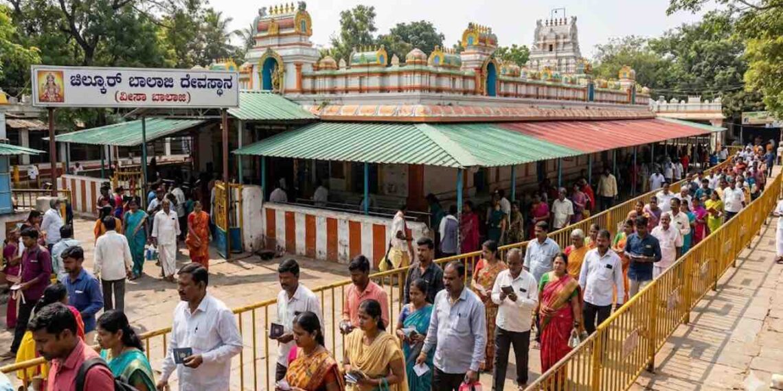 A crowded dynamic outdoor scene at the historical Chilkur Balaji Temple, also known as the Visa Balaji Temple, in Hyderabad. Devotees are shown walking in an organized queue for pradakshina (circumambulation) along paved pathways, guided by low metal barriers. The iconic, colorful temple structure with its multiple towers, green and red corrugated roofs, and traditional yellow and blue finials is prominently featured under bright daylight, surrounded by trees. The main entrance features a clear sign with Kannada text 'ಚಿಲ್ಕೂರ್ ಬಾಲಾಜಿ ದೇವಸ್ಥಾನ (ವೀಸಾ ಬಾಲಾಜಿ)' (Chilkur Balaji Temple (Visa Balaji)). Several people are carrying small items like paper tokens, adding to the atmosphere of faith and devotion.