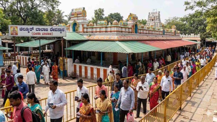 A crowded dynamic outdoor scene at the historical Chilkur Balaji Temple, also known as the Visa Balaji Temple, in Hyderabad. Devotees are shown walking in an organized queue for pradakshina (circumambulation) along paved pathways, guided by low metal barriers. The iconic, colorful temple structure with its multiple towers, green and red corrugated roofs, and traditional yellow and blue finials is prominently featured under bright daylight, surrounded by trees. The main entrance features a clear sign with Kannada text 'ಚಿಲ್ಕೂರ್ ಬಾಲಾಜಿ ದೇವಸ್ಥಾನ (ವೀಸಾ ಬಾಲಾಜಿ)' (Chilkur Balaji Temple (Visa Balaji)). Several people are carrying small items like paper tokens, adding to the atmosphere of faith and devotion.