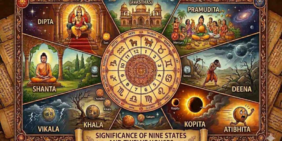 A comprehensive illustrative poster of the Nine Planetary States (Avasthas) from Vedic astrology, arranged around a central circular Twelve-House Rashi Chakra. Features nine decorative panels illustrating each state like Dipta, Swastha, and Shanta with Kannada titles.