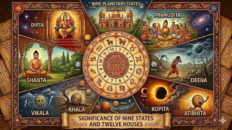 A comprehensive illustrative poster of the Nine Planetary States (Avasthas) from Vedic astrology, arranged around a central circular Twelve-House Rashi Chakra. Features nine decorative panels illustrating each state like Dipta, Swastha, and Shanta with Kannada titles.