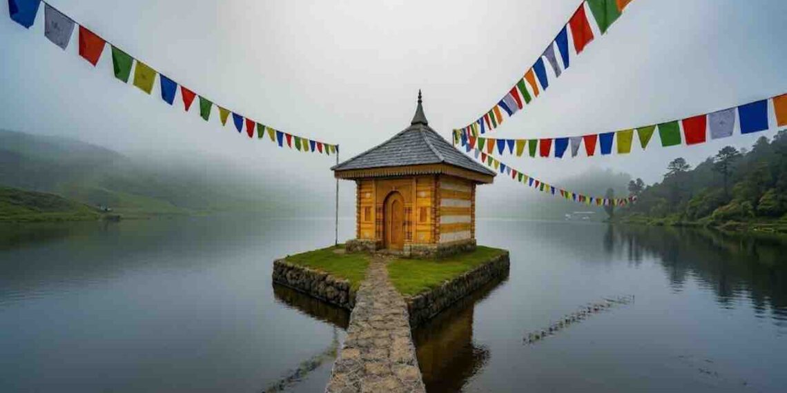 A wide-angle landscape shot of a small wooden temple with a pagoda-style roof sitting on a tiny island in a serene, misty mountain lake. Stone pathways lined with wire mesh lead to it, and colorful Tibetan prayer flags hang overhead against the cloudy sky. Green hills and forests form the background, reflected in the still water.