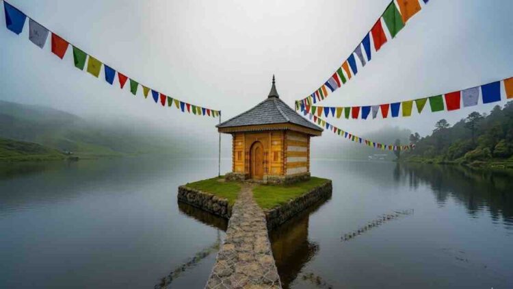 A wide-angle landscape shot of a small wooden temple with a pagoda-style roof sitting on a tiny island in a serene, misty mountain lake. Stone pathways lined with wire mesh lead to it, and colorful Tibetan prayer flags hang overhead against the cloudy sky. Green hills and forests form the background, reflected in the still water.