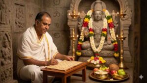 A portrait of an astrologer in a traditional Hindu temple, holding a birth chart and contemplating. A blurred background with a temple deity and an overlay of astrological chart symbols.