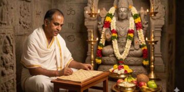 A portrait of an astrologer in a traditional Hindu temple, holding a birth chart and contemplating. A blurred background with a temple deity and an overlay of astrological chart symbols.