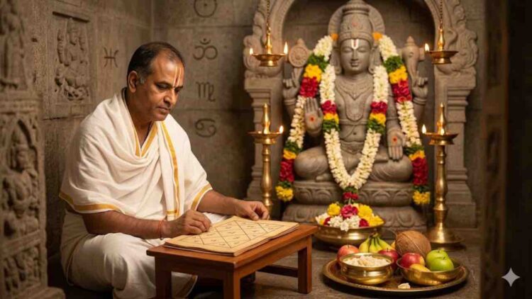 A portrait of an astrologer in a traditional Hindu temple, holding a birth chart and contemplating. A blurred background with a temple deity and an overlay of astrological chart symbols.
