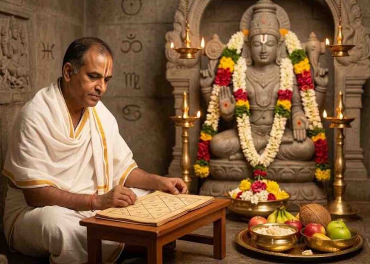 A portrait of an astrologer in a traditional Hindu temple, holding a birth chart and contemplating. A blurred background with a temple deity and an overlay of astrological chart symbols.