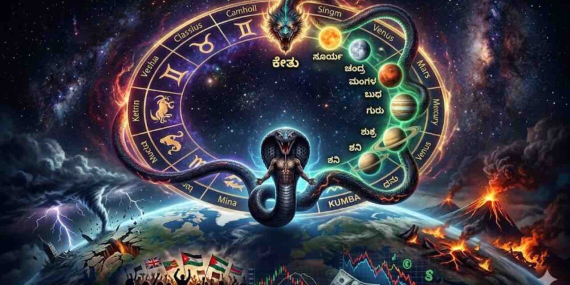 A mystical AI-generated illustration of Kalasarpa Yoga showing a giant serpent encircling the zodiac wheel and planets over a chaotic earth with volcanic eruptions and stock market charts.