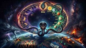 A mystical AI-generated illustration of Kalasarpa Yoga showing a giant serpent encircling the zodiac wheel and planets over a chaotic earth with volcanic eruptions and stock market charts.