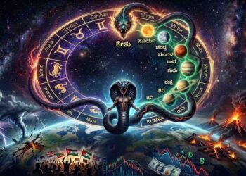 A mystical AI-generated illustration of Kalasarpa Yoga showing a giant serpent encircling the zodiac wheel and planets over a chaotic earth with volcanic eruptions and stock market charts.