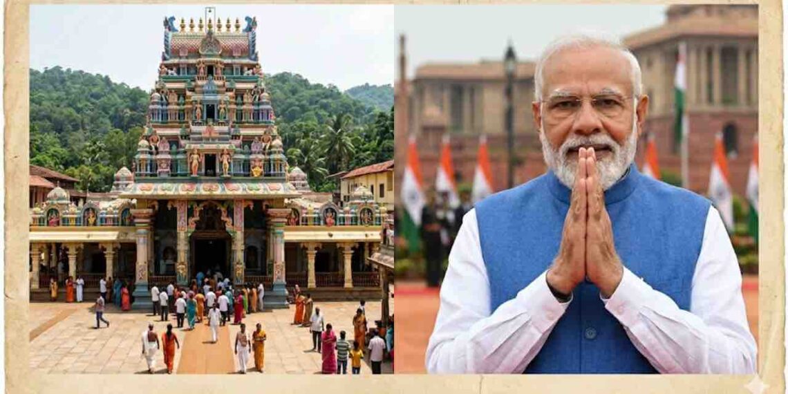 A split image showing the colorful gopuram of Kukke Subramanya Temple on the left and Prime Minister Narendra Modi in a traditional greeting pose (Namaste) on the right.