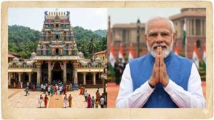 A split image showing the colorful gopuram of Kukke Subramanya Temple on the left and Prime Minister Narendra Modi in a traditional greeting pose (Namaste) on the right.