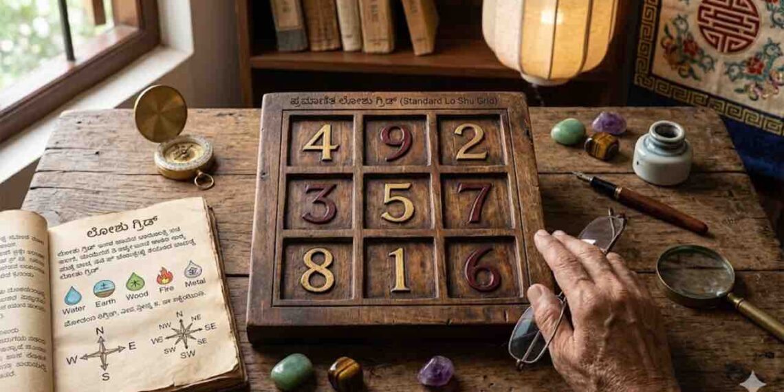 An image of a 3x3 magic square with Chinese numerology symbols and numbers (4, 9, 2, 3, 5, 7, 8, 1, 6) in the context of Kannada numerology, titled in Kannada "ಪ್ರಾಮಾಣಿತ ಲೋಶು ಗ್ರಿಡ್" (Standard Lo Shu Grid), explaining personality analysis.