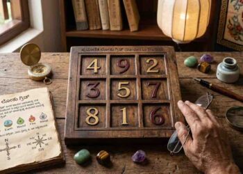 An image of a 3x3 magic square with Chinese numerology symbols and numbers (4, 9, 2, 3, 5, 7, 8, 1, 6) in the context of Kannada numerology, titled in Kannada "ಪ್ರಾಮಾಣಿತ ಲೋಶು ಗ್ರಿಡ್" (Standard Lo Shu Grid), explaining personality analysis.