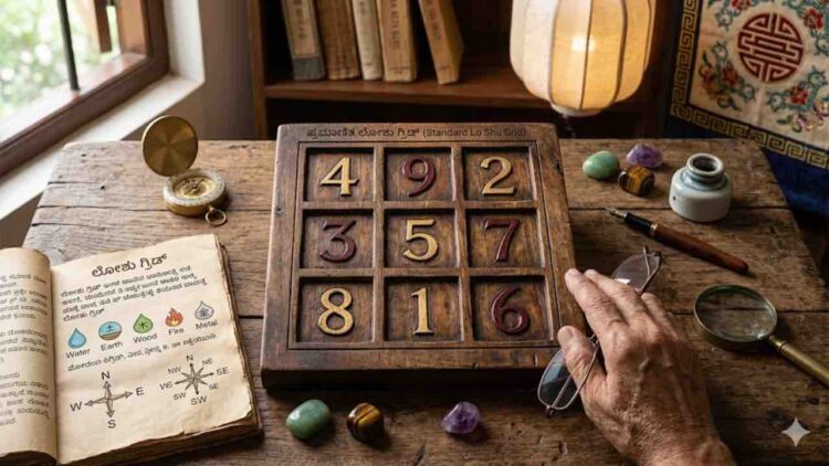 An image of a 3x3 magic square with Chinese numerology symbols and numbers (4, 9, 2, 3, 5, 7, 8, 1, 6) in the context of Kannada numerology, titled in Kannada "ಪ್ರಾಮಾಣಿತ ಲೋಶು ಗ್ರಿಡ್" (Standard Lo Shu Grid), explaining personality analysis.