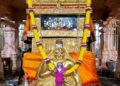 The sacred Moola Vrundavana of Sri Raghavendra Swamy in Mantralaya, adorned with a golden kavacha, flower garlands, and traditional offerings.
