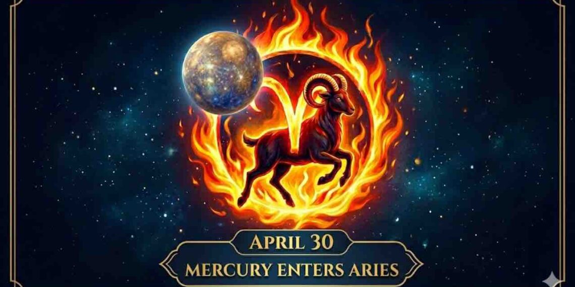 Digital illustration showing the planet Mercury and Aries zodiac sign with the text "April 30 Mercury Enters Aries" in a cosmic background.