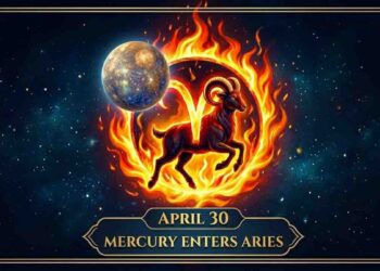 Digital illustration showing the planet Mercury and Aries zodiac sign with the text "April 30 Mercury Enters Aries" in a cosmic background.