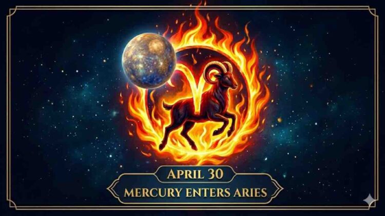 Digital illustration showing the planet Mercury and Aries zodiac sign with the text "April 30 Mercury Enters Aries" in a cosmic background.