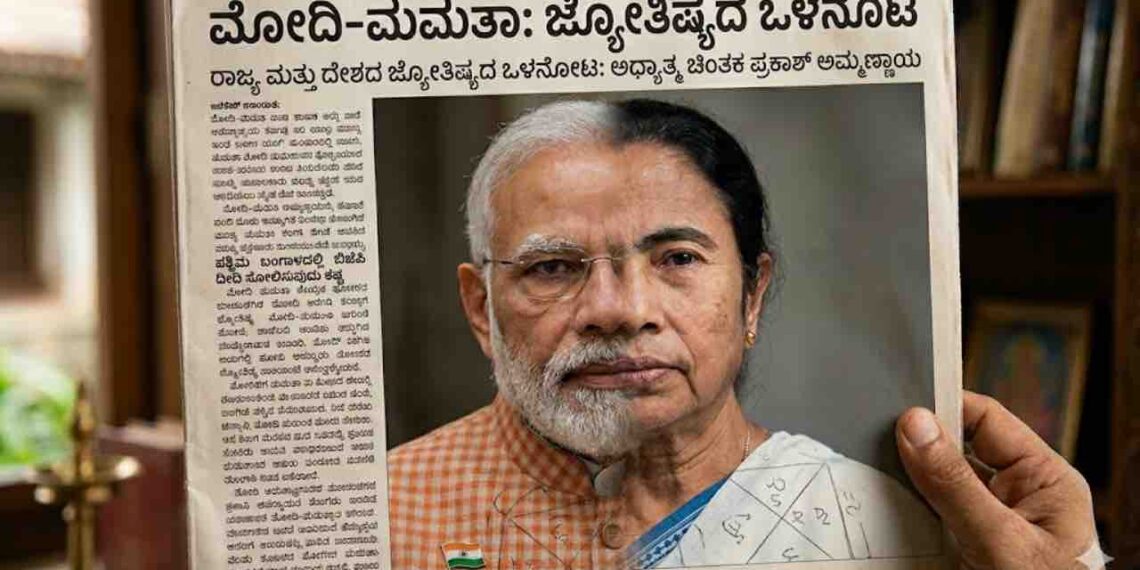A merged face image of Narendra Modi and Mamata Banerjee on a newspaper with a Kannada headline about astrology prediction by Prakash Ammannaya