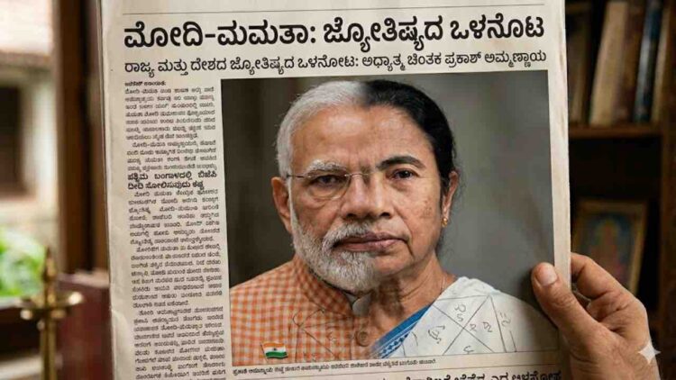 A merged face image of Narendra Modi and Mamata Banerjee on a newspaper with a Kannada headline about astrology prediction by Prakash Ammannaya