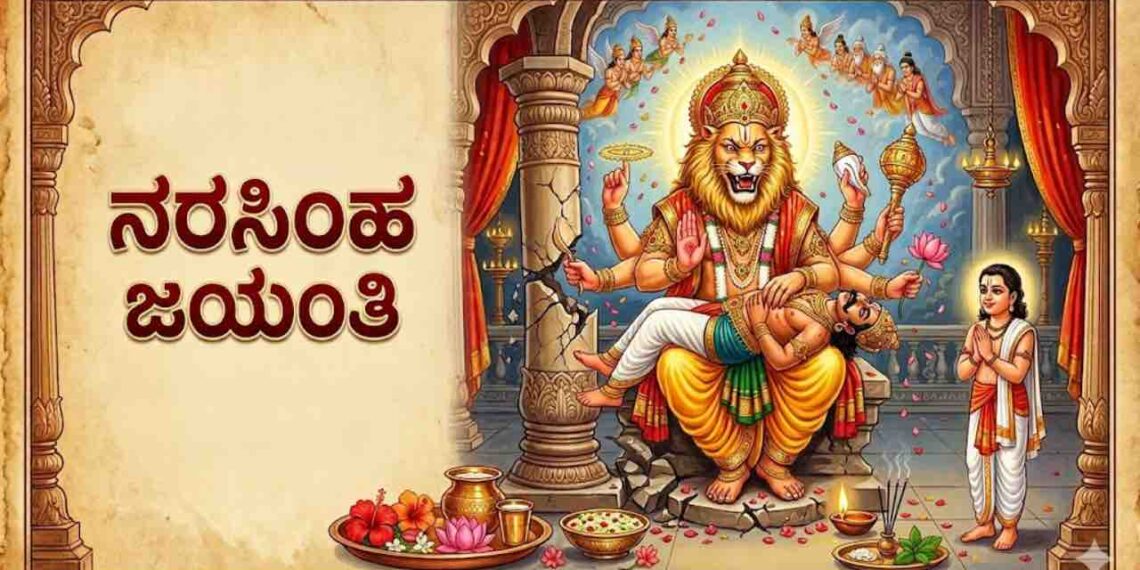 An AI-generated artistic illustration of Lord Narasimha emerging from a pillar, protecting Prahlada, with 'Narasimha Jayanti' written in Kannada text.