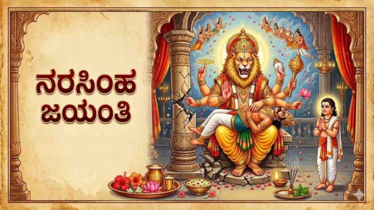 An AI-generated artistic illustration of Lord Narasimha emerging from a pillar, protecting Prahlada, with 'Narasimha Jayanti' written in Kannada text.