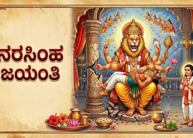 An AI-generated artistic illustration of Lord Narasimha emerging from a pillar, protecting Prahlada, with 'Narasimha Jayanti' written in Kannada text.
