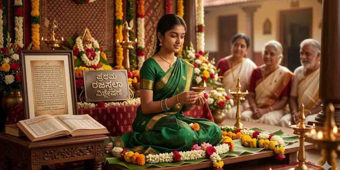 A traditional Indian ritual scene with a teenage girl holding a light, older family members watching, a framed text and open book, set in a decorated home environment.