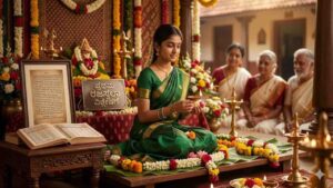 A traditional Indian ritual scene with a teenage girl holding a light, older family members watching, a framed text and open book, set in a decorated home environment.