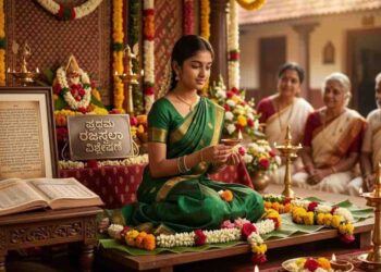 A traditional Indian ritual scene with a teenage girl holding a light, older family members watching, a framed text and open book, set in a decorated home environment.