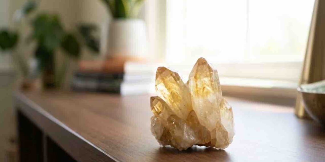 A cluster of raw, golden-yellow Citrine crystal points resting on a dark wooden surface in a well-lit home setting.