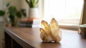 A cluster of raw, golden-yellow Citrine crystal points resting on a dark wooden surface in a well-lit home setting.