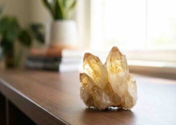 A cluster of raw, golden-yellow Citrine crystal points resting on a dark wooden surface in a well-lit home setting.