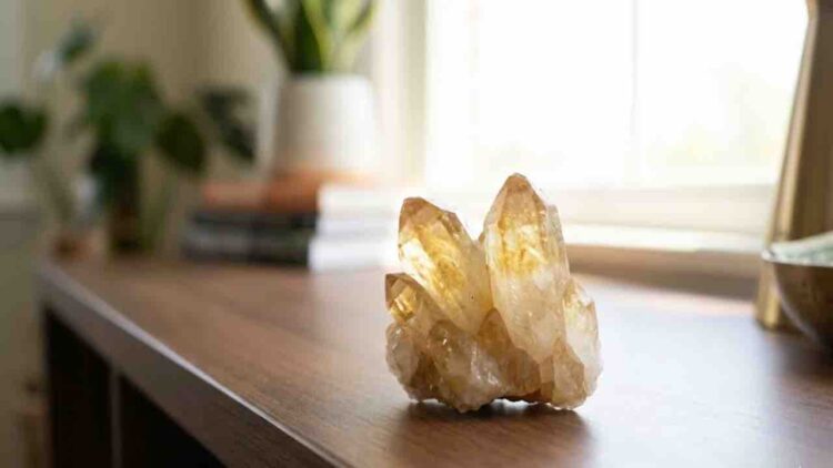 A cluster of raw, golden-yellow Citrine crystal points resting on a dark wooden surface in a well-lit home setting.