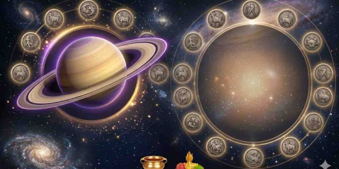 A professional space-themed illustration of planet Saturn with its rings, surrounded by symbols of the twelve zodiac signs in a circular pattern against a cosmic galaxy background.