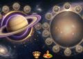 A professional space-themed illustration of planet Saturn with its rings, surrounded by symbols of the twelve zodiac signs in a circular pattern against a cosmic galaxy background.