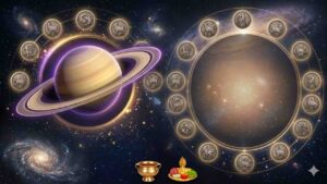 A professional space-themed illustration of planet Saturn with its rings, surrounded by symbols of the twelve zodiac signs in a circular pattern against a cosmic galaxy background.