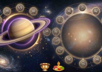 A professional space-themed illustration of planet Saturn with its rings, surrounded by symbols of the twelve zodiac signs in a circular pattern against a cosmic galaxy background.