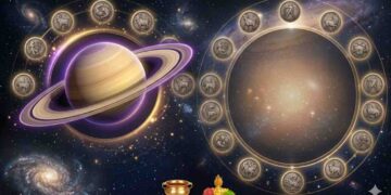 A professional space-themed illustration of planet Saturn with its rings, surrounded by symbols of the twelve zodiac signs in a circular pattern against a cosmic galaxy background.