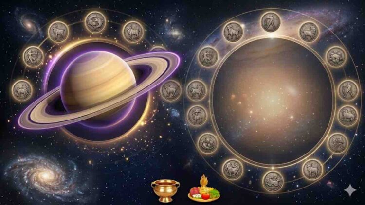 A professional space-themed illustration of planet Saturn with its rings, surrounded by symbols of the twelve zodiac signs in a circular pattern against a cosmic galaxy background.