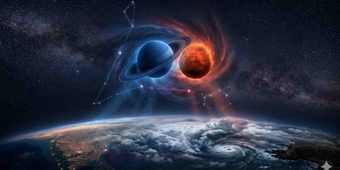 Cinematic illustration of planets Saturn and Mars closely aligned in space above Earth, featuring a swirling cosmic background and astrological constellations.