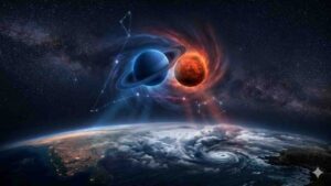Cinematic illustration of planets Saturn and Mars closely aligned in space above Earth, featuring a swirling cosmic background and astrological constellations.