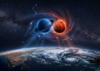 Cinematic illustration of planets Saturn and Mars closely aligned in space above Earth, featuring a swirling cosmic background and astrological constellations.