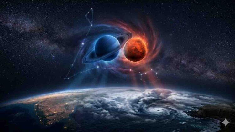 Cinematic illustration of planets Saturn and Mars closely aligned in space above Earth, featuring a swirling cosmic background and astrological constellations.