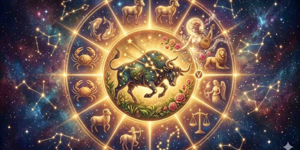 An elaborate artistic zodiac wheel with Taurus as the glowing central figure, surrounded by other signs in a starry space, illustrating Venus's influence.