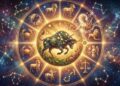 An elaborate artistic zodiac wheel with Taurus as the glowing central figure, surrounded by other signs in a starry space, illustrating Venus's influence.