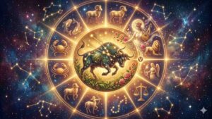 An elaborate artistic zodiac wheel with Taurus as the glowing central figure, surrounded by other signs in a starry space, illustrating Venus's influence.
