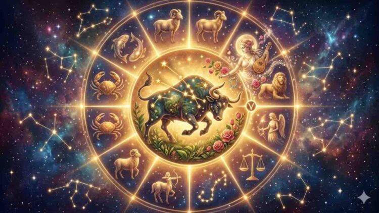 An elaborate artistic zodiac wheel with Taurus as the glowing central figure, surrounded by other signs in a starry space, illustrating Venus's influence.