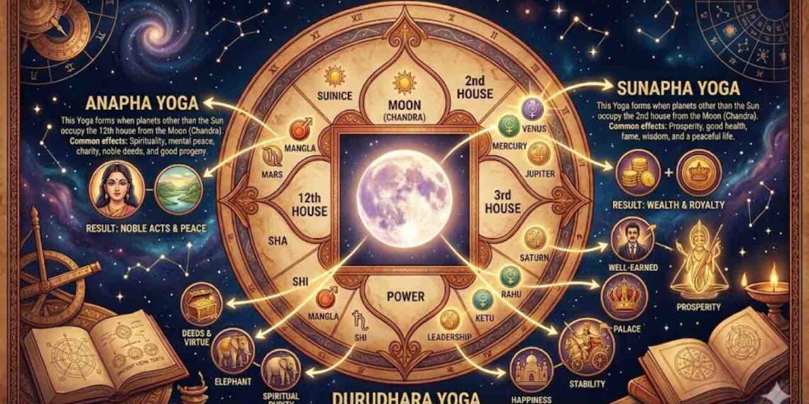 An educational infographic chart showing Sunapha, Anapha, and Durudhara yogas in Vedic astrology based on the Moon's position with planetary symbols and descriptions.