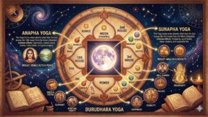 An educational infographic chart showing Sunapha, Anapha, and Durudhara yogas in Vedic astrology based on the Moon's position with planetary symbols and descriptions.